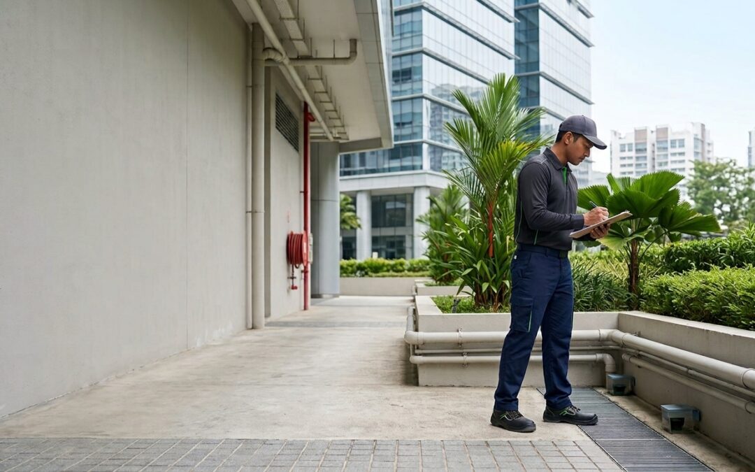 Pest control technician conducting a compliance inspection at a commercial building in Singapore