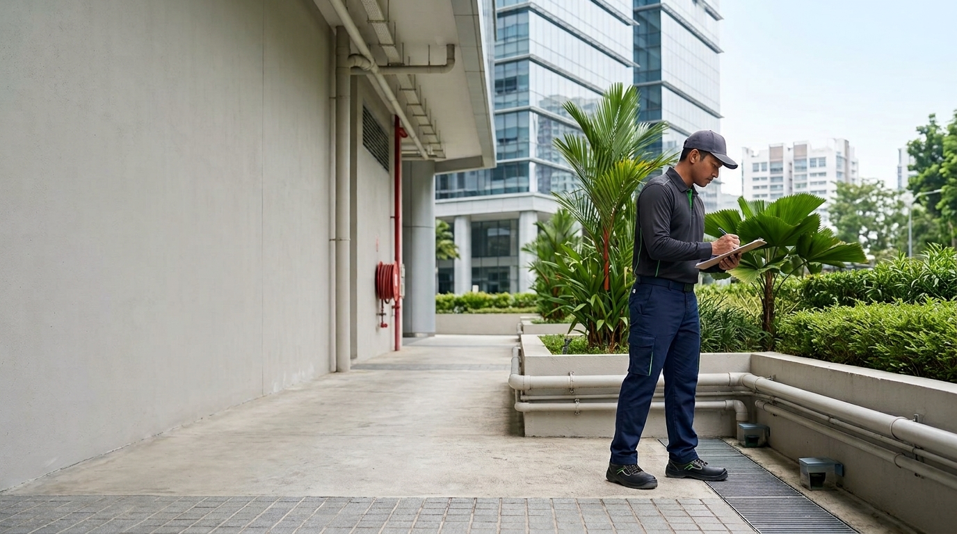 Pest control technician conducting a compliance inspection at a commercial building in Singapore