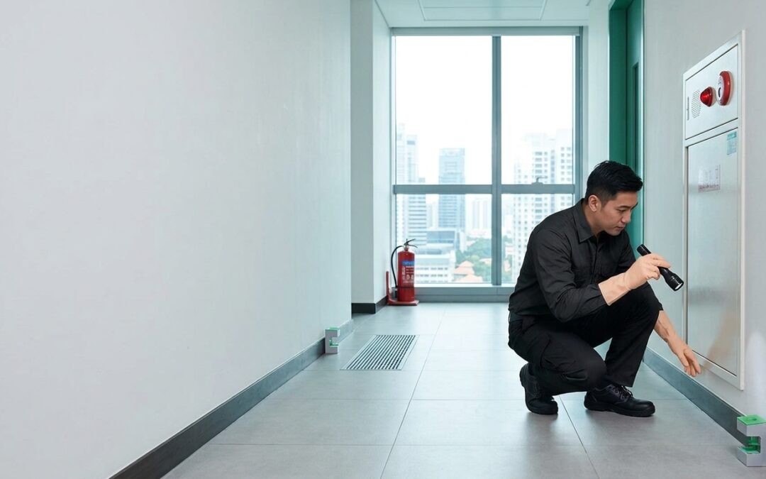 Professional pest control technician inspecting a commercial office building for pest activity in Singapore