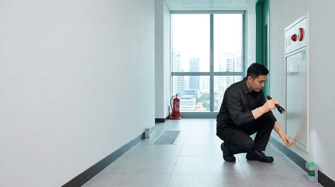 Professional pest control technician inspecting a commercial office building for pest activity in Singapore