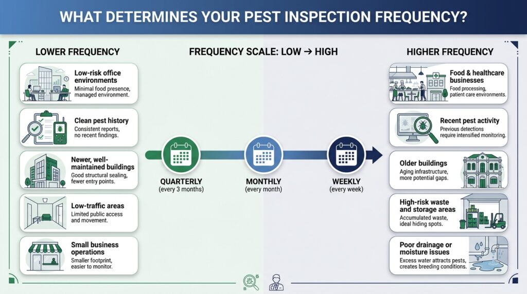 Commercial pest inspection frequency guide showing factors that determine weekly, monthly or quarterly inspections